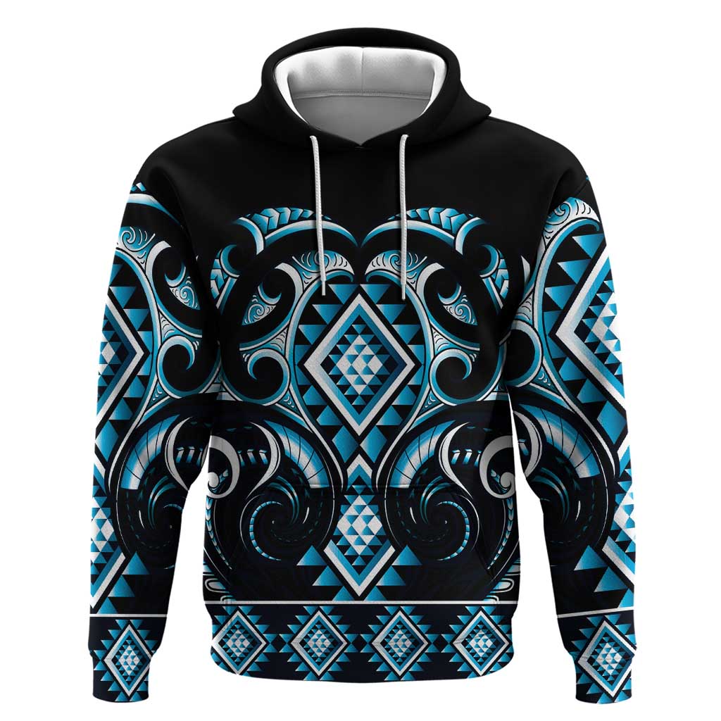 Blue Ngaru Taniko With Aotearoa Maori Tattoo Zip Hoodie LT14 Pullover Hoodie Blue - Polynesian Pride