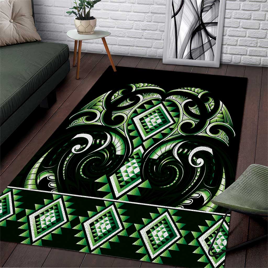 Green Ngaru Taniko With Aotearoa Maori Tattoo Area Rug