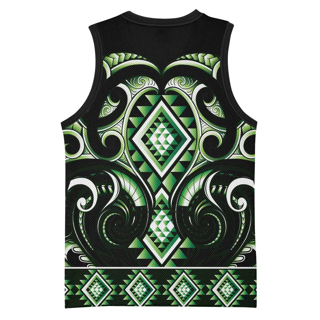 Green Ngaru Taniko With Aotearoa Maori Tattoo Basketball Jersey LT14 - Polynesian Pride