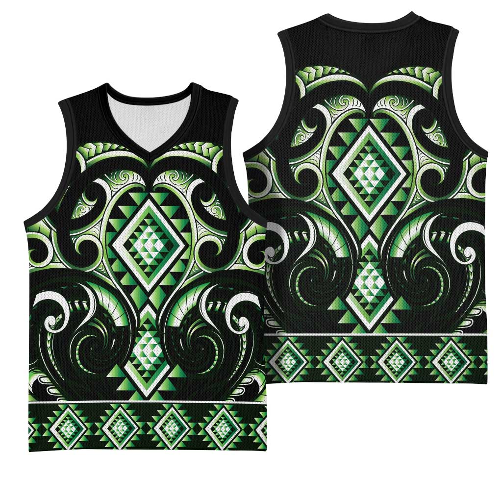 Green Ngaru Taniko With Aotearoa Maori Tattoo Basketball Jersey LT14 - Polynesian Pride