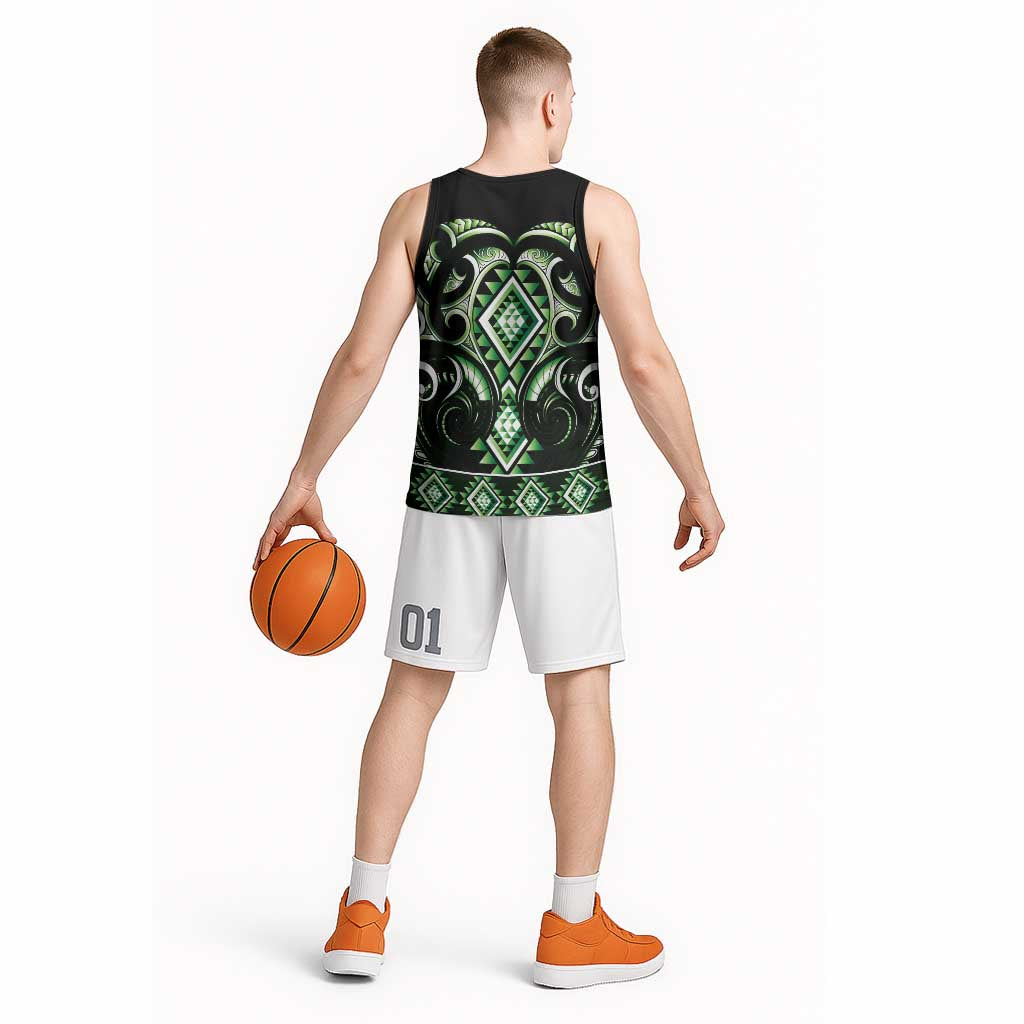 Green Ngaru Taniko With Aotearoa Maori Tattoo Basketball Jersey LT14 - Polynesian Pride
