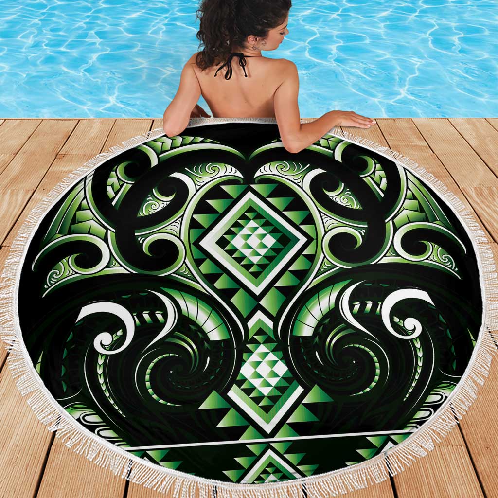 Green Ngaru Taniko With Aotearoa Maori Tattoo Beach Blanket