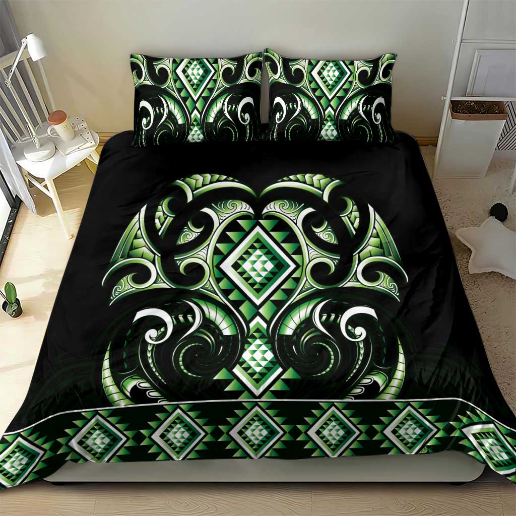 Green Ngaru Taniko With Aotearoa Maori Tattoo Bedding Set