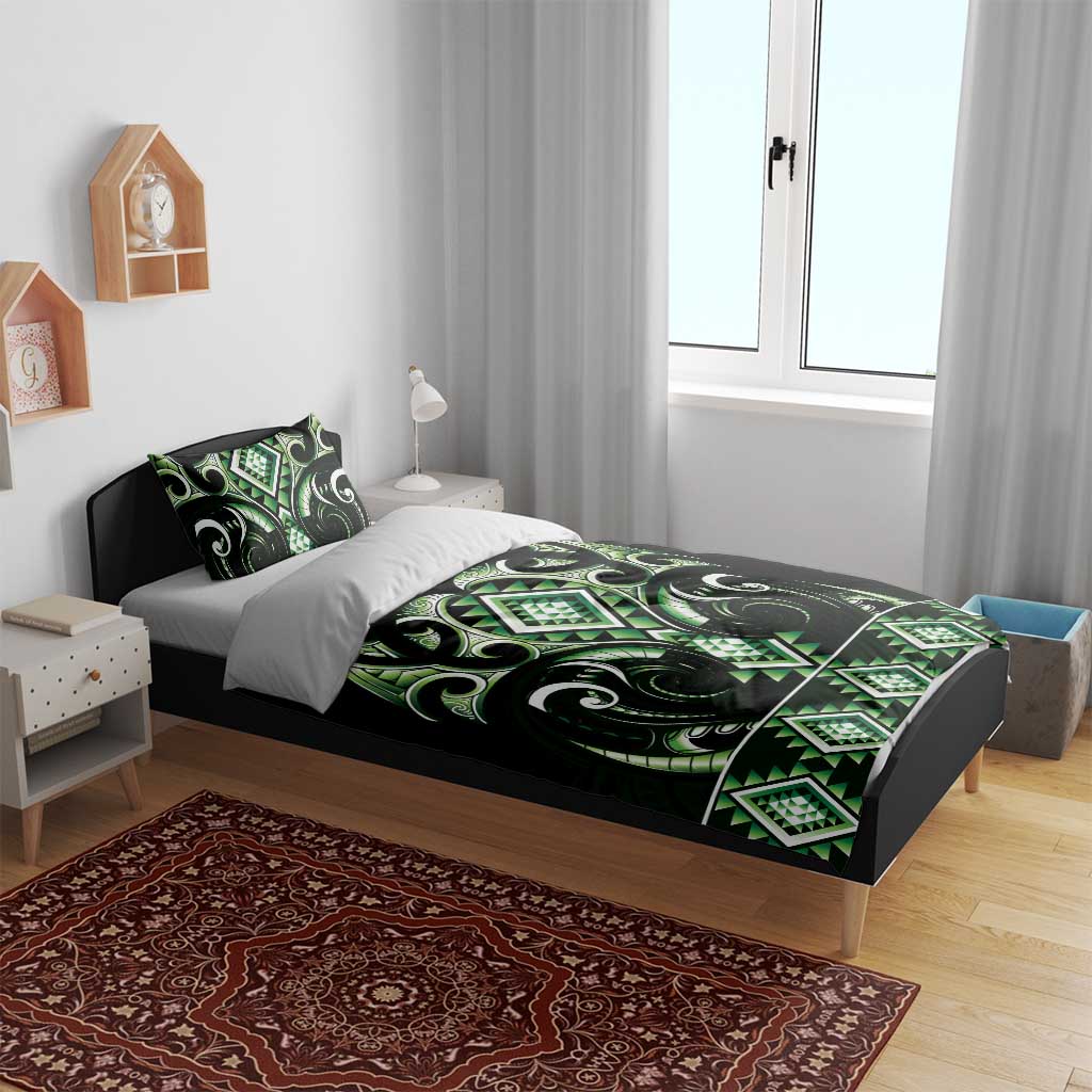 Green Ngaru Taniko With Aotearoa Maori Tattoo Bedding Set