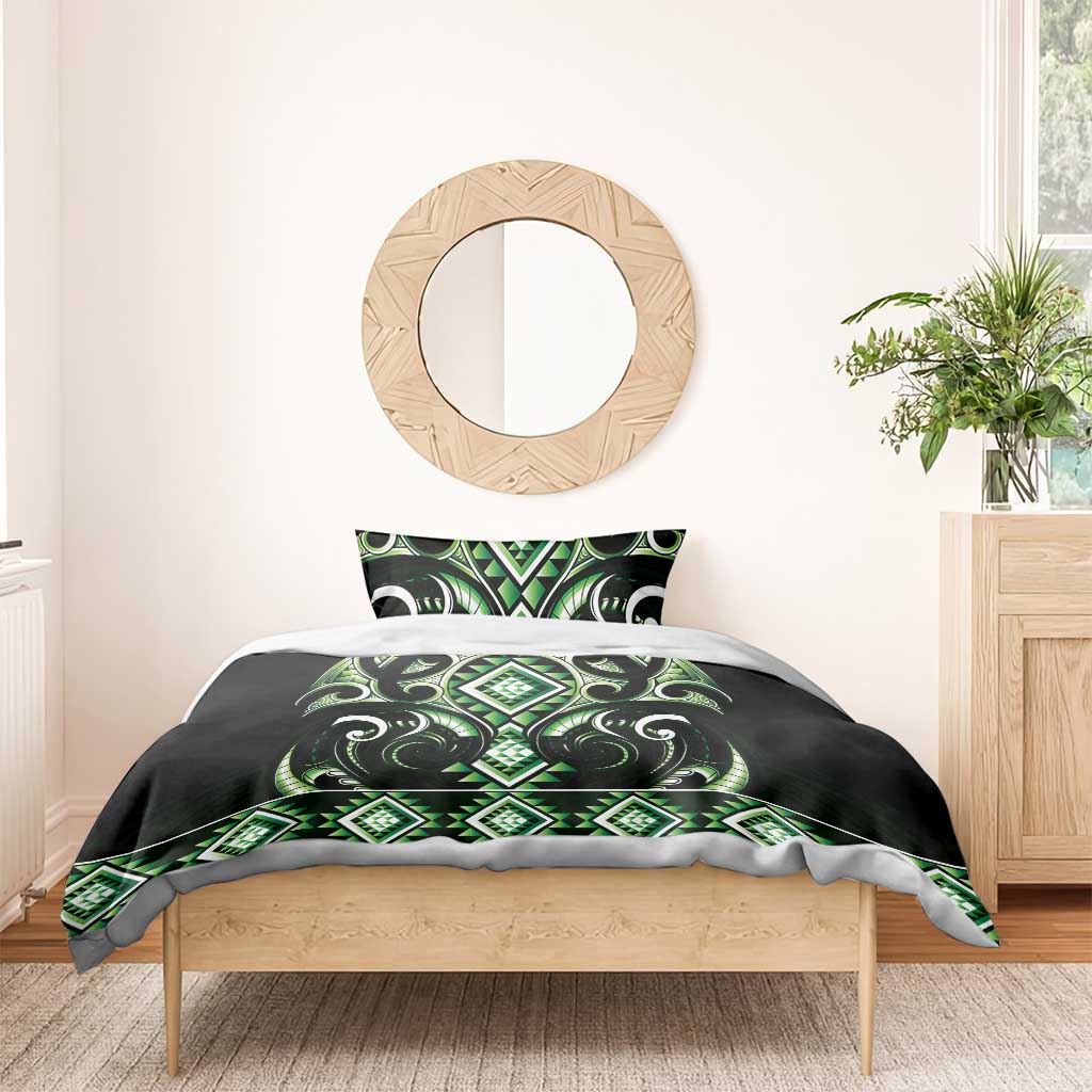 Green Ngaru Taniko With Aotearoa Maori Tattoo Bedding Set