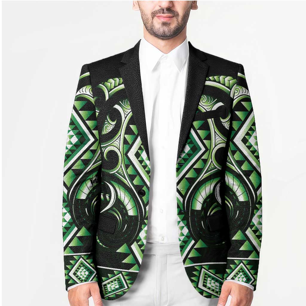 Green Ngaru Taniko With Aotearoa Maori Tattoo Blazer - Polynesian Pride