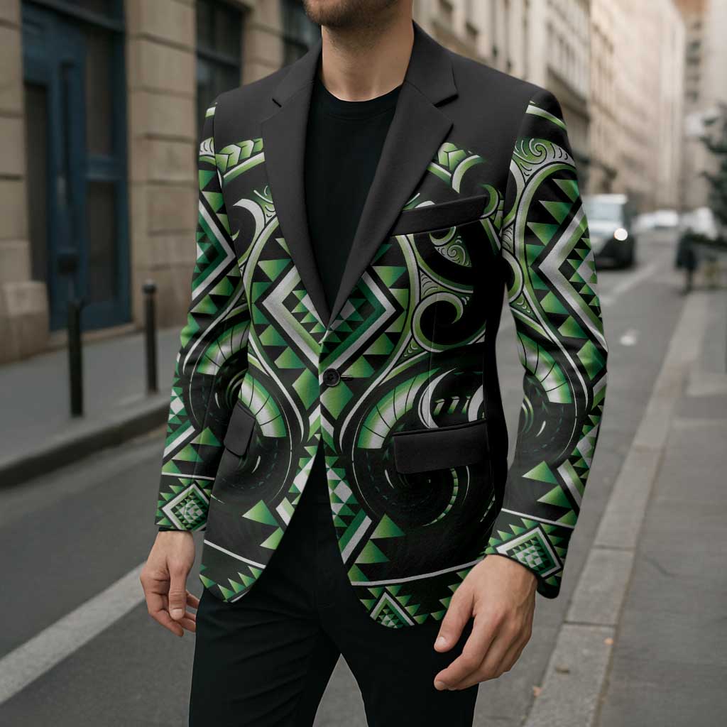 Green Ngaru Taniko With Aotearoa Maori Tattoo Blazer - Polynesian Pride