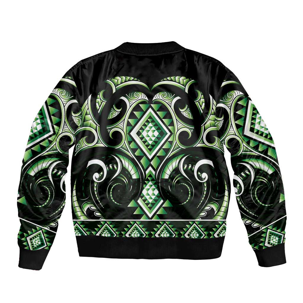 Green Ngaru Taniko With Aotearoa Maori Tattoo Bomber Jacket LT14 - Polynesian Pride