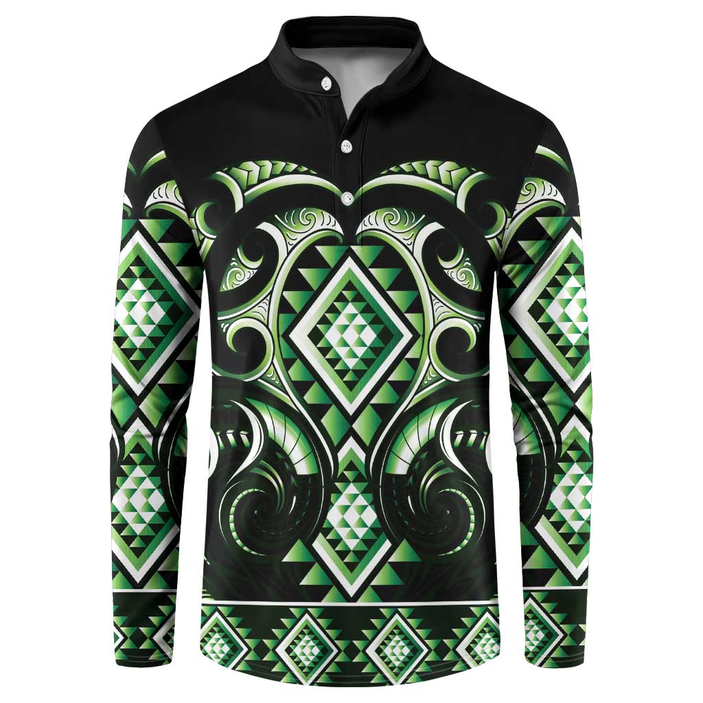Green Ngaru Taniko With Aotearoa Maori Tattoo Button Sweatshirt