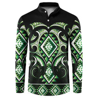 Green Ngaru Taniko With Aotearoa Maori Tattoo Button Sweatshirt