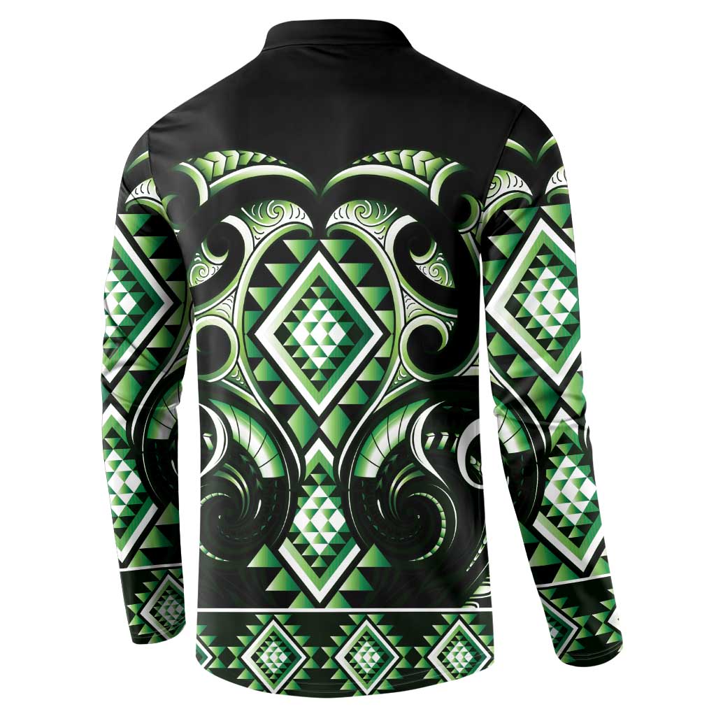 Green Ngaru Taniko With Aotearoa Maori Tattoo Button Sweatshirt