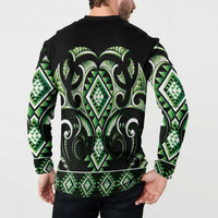 Green Ngaru Taniko With Aotearoa Maori Tattoo Button Sweatshirt