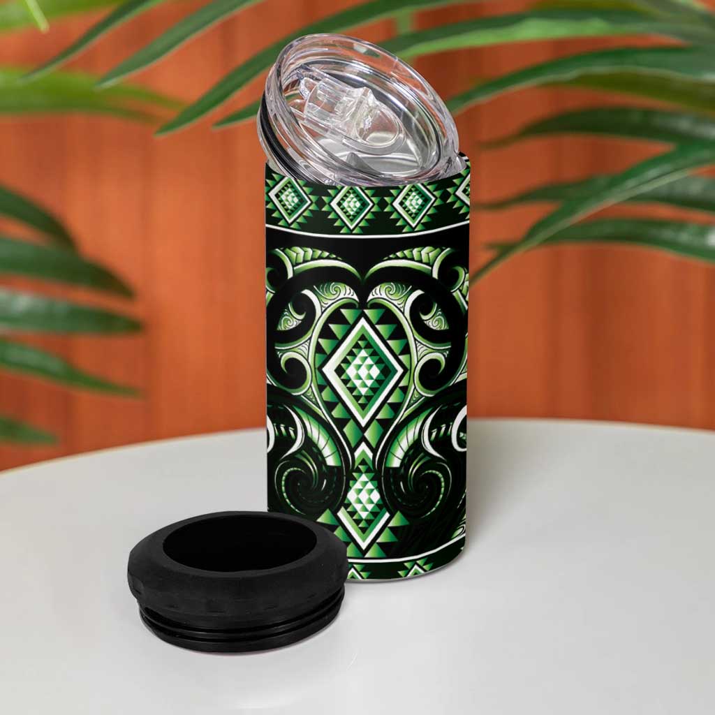 Green Ngaru Taniko With Aotearoa Maori Tattoo 4 in 1 Can Cooler Tumbler LT14 - Polynesian Pride