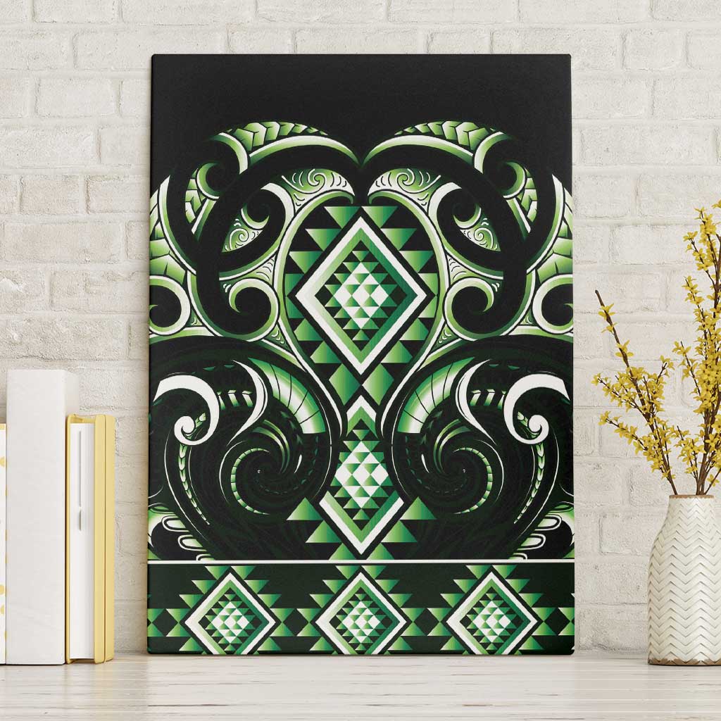 Green Ngaru Taniko With Aotearoa Maori Tattoo Canvas Wall Art