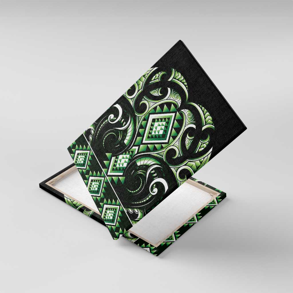 Green Ngaru Taniko With Aotearoa Maori Tattoo Canvas Wall Art