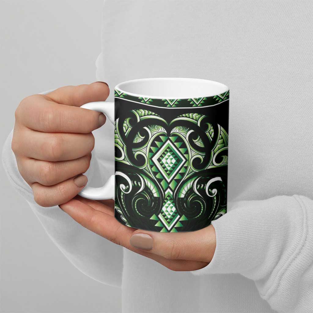 Green Ngaru Taniko With Aotearoa Maori Tattoo Ceramic Mug - Polynesian Pride