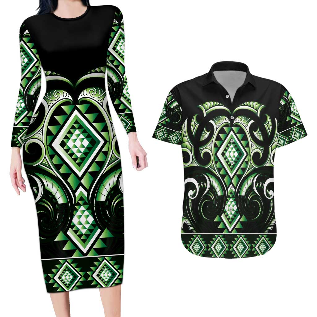 Green Ngaru Taniko With Aotearoa Maori Tattoo Couples Matching Long Sleeve Bodycon Dress and Hawaiian Shirt