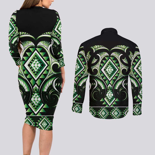 Custom Aotearoa New Zealand Couples Matching Long Sleeve Bodycon Dress and Long Sleeve Button Shirts Silver Fern and Matau with Maori Tribal Red Style LT03 main image 0