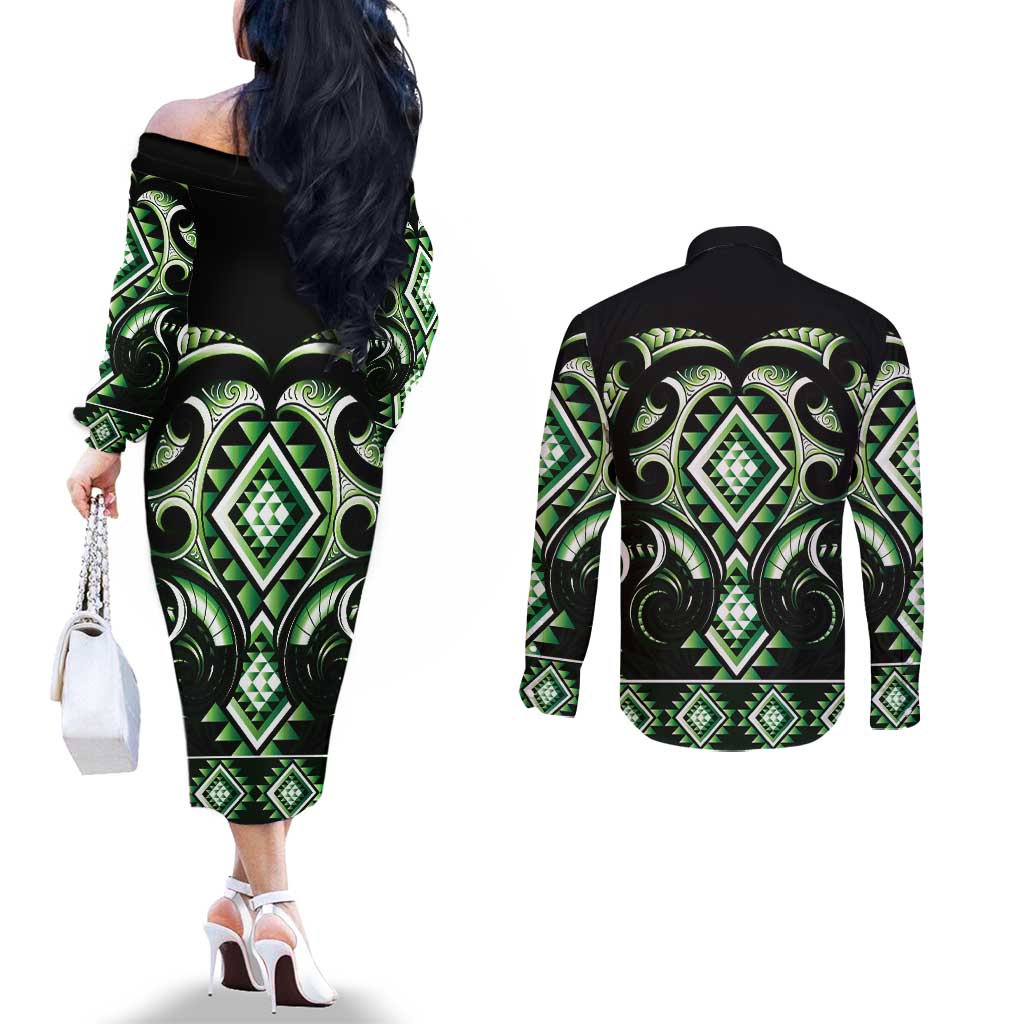 Green Ngaru Taniko With Aotearoa Maori Tattoo Couples Matching Off The Shoulder Long Sleeve Dress and Long Sleeve Button Shirt