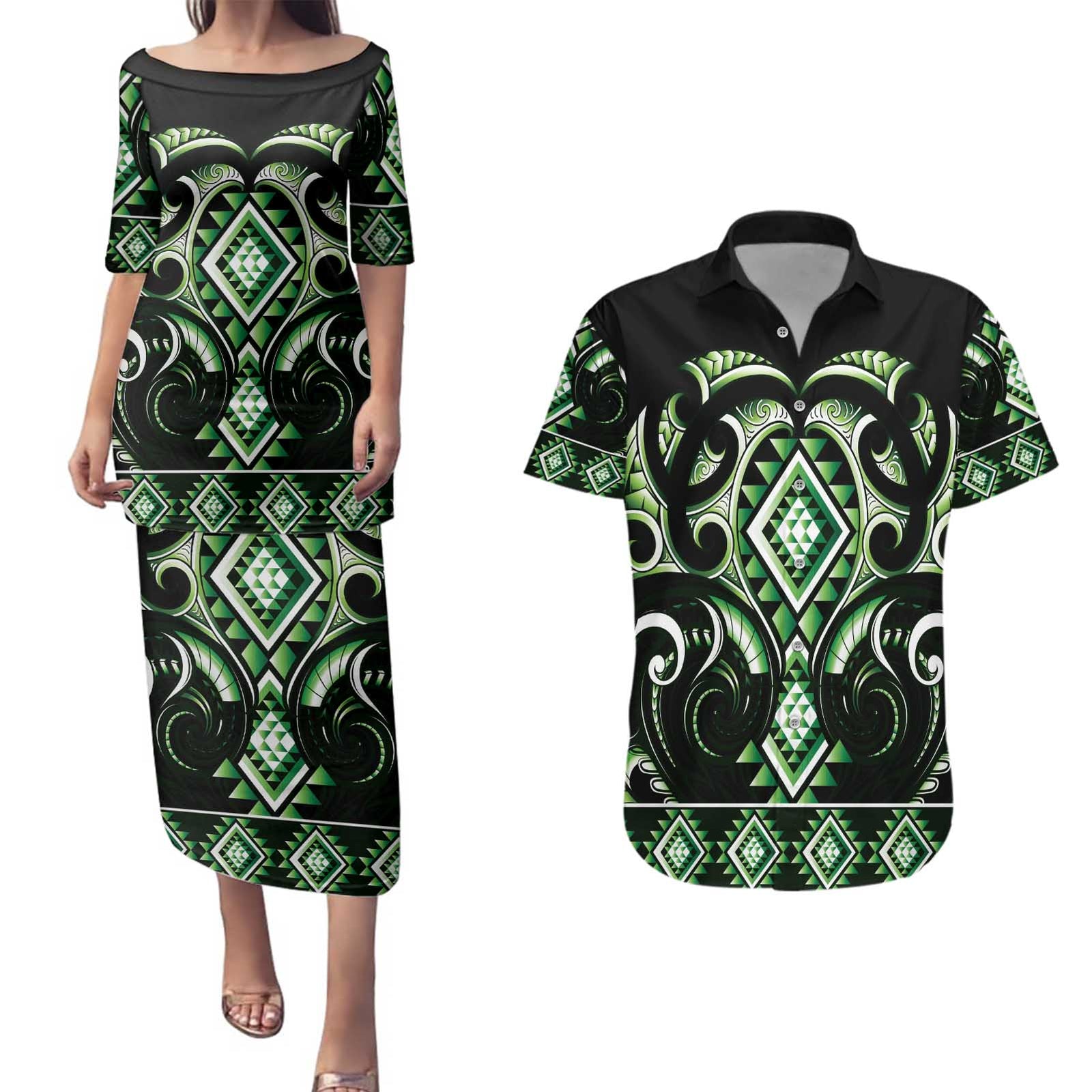 Green Ngaru Taniko With Aotearoa Maori Tattoo Couples Matching Puletasi and Hawaiian Shirt LT14 Green - Polynesian Pride