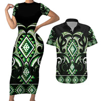 Green Ngaru Taniko With Aotearoa Maori Tattoo Couples Matching Short Sleeve Bodycon Dress and Hawaiian Shirt