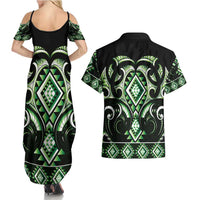 Green Ngaru Taniko With Aotearoa Maori Tattoo Couples Matching Summer Maxi Dress and Hawaiian Shirt