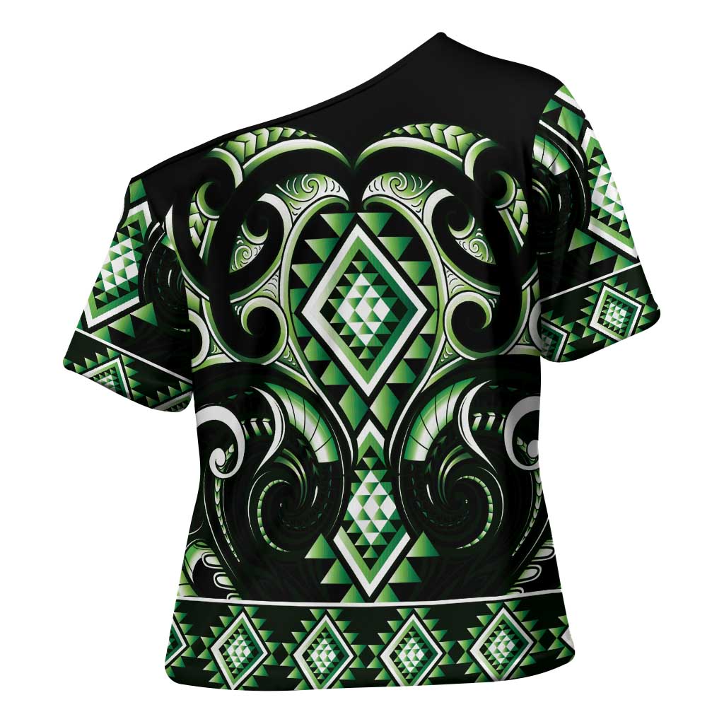 Green Ngaru Taniko With Aotearoa Maori Tattoo Cross Shoulder Shirt LT14 - Polynesian Pride