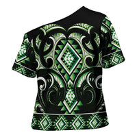 Green Ngaru Taniko With Aotearoa Maori Tattoo Cross Shoulder Shirt LT14 - Polynesian Pride