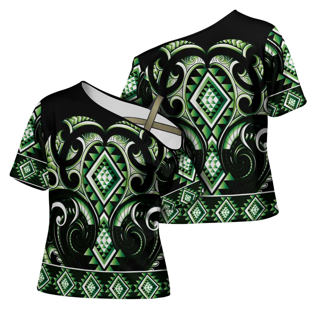 Green Ngaru Taniko With Aotearoa Maori Tattoo Cross Shoulder Shirt LT14 - Polynesian Pride