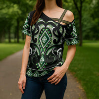 Green Ngaru Taniko With Aotearoa Maori Tattoo Cross Shoulder Shirt LT14 - Polynesian Pride