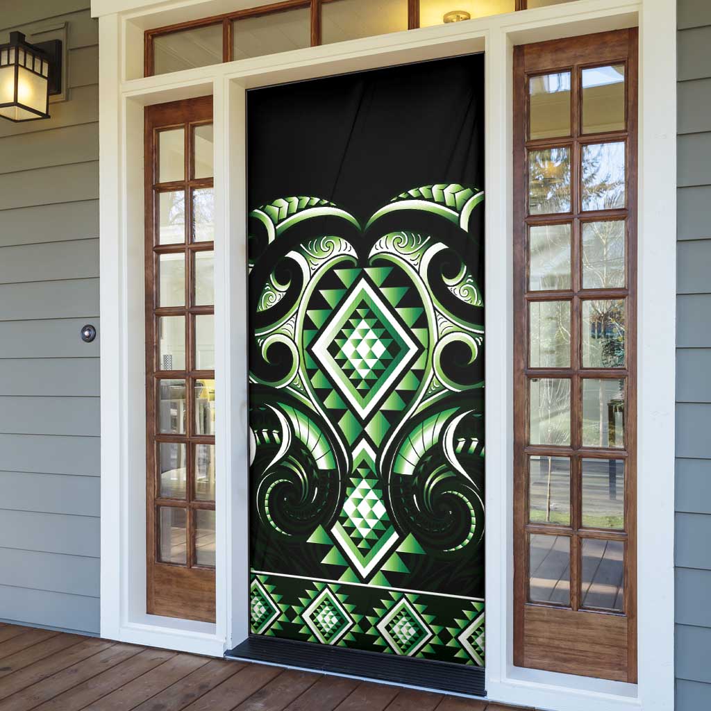 Green Ngaru Taniko With Aotearoa Maori Tattoo Door Cover - Polynesian Pride