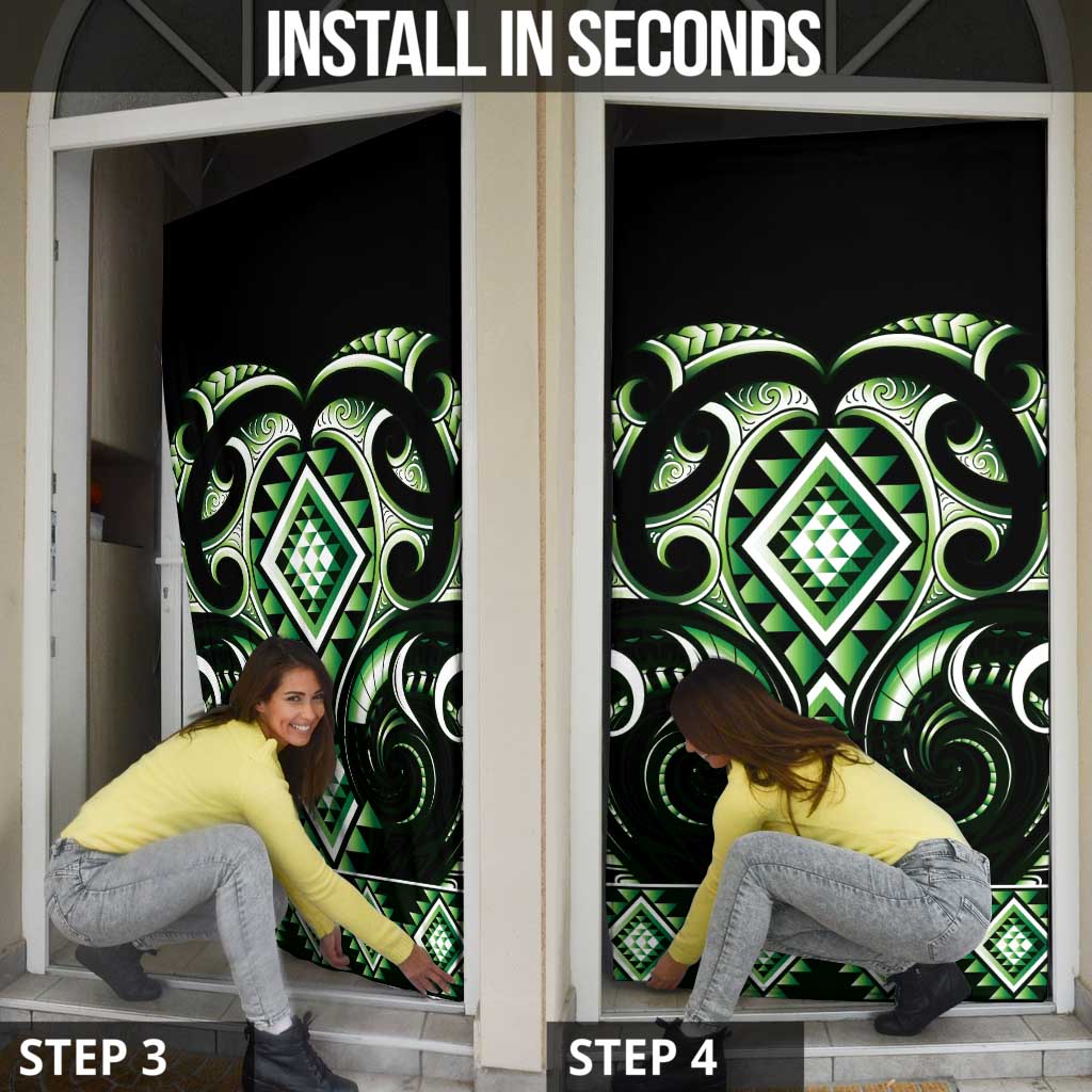 Green Ngaru Taniko With Aotearoa Maori Tattoo Door Cover - Polynesian Pride