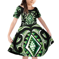 Green Ngaru Taniko With Aotearoa Maori Tattoo Family Matching Off Shoulder Short Dress and Hawaiian Shirt