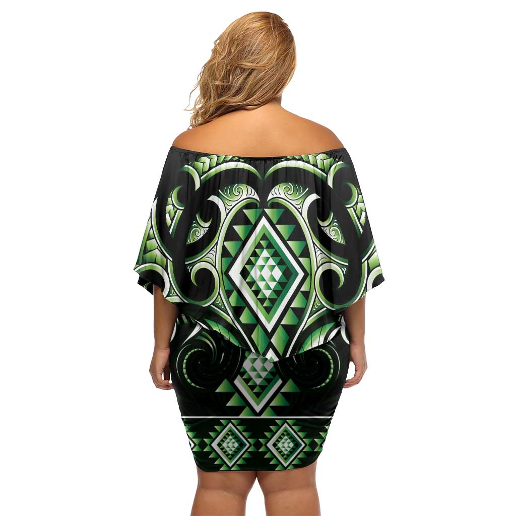 Green Ngaru Taniko With Aotearoa Maori Tattoo Family Matching Off Shoulder Short Dress and Hawaiian Shirt