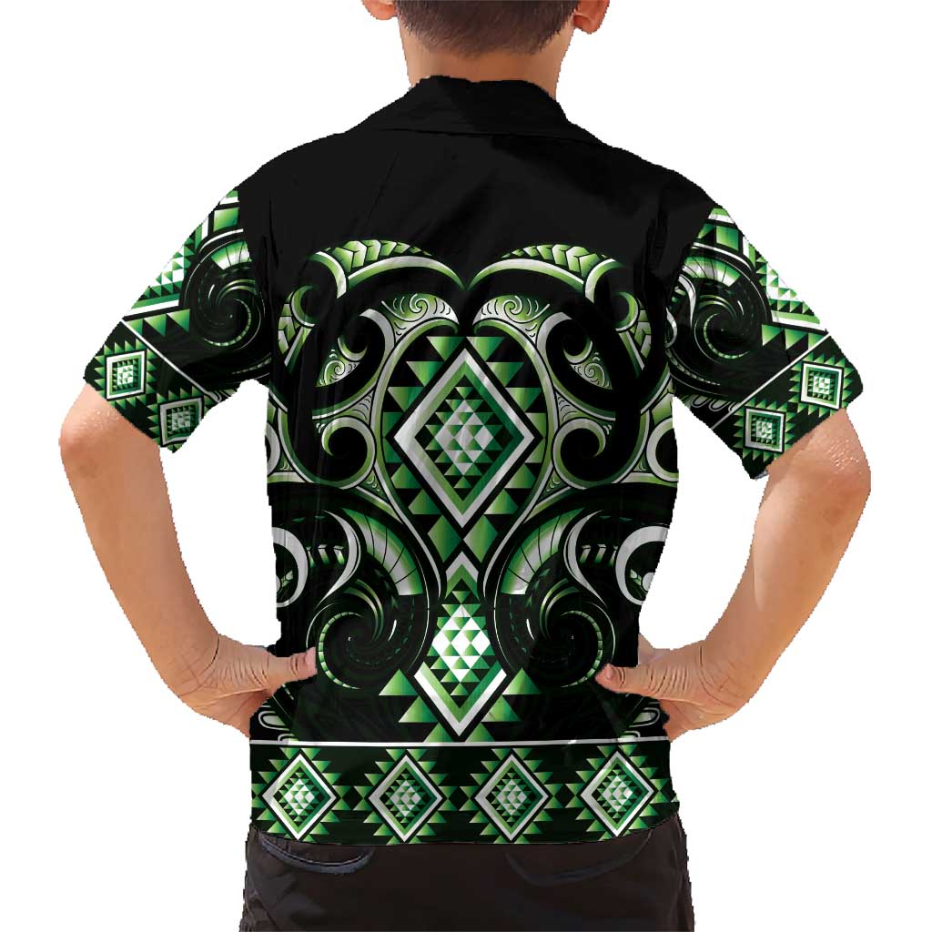 Green Ngaru Taniko With Aotearoa Maori Tattoo Family Matching Short Sleeve Bodycon Dress and Hawaiian Shirt LT14 - Polynesian Pride