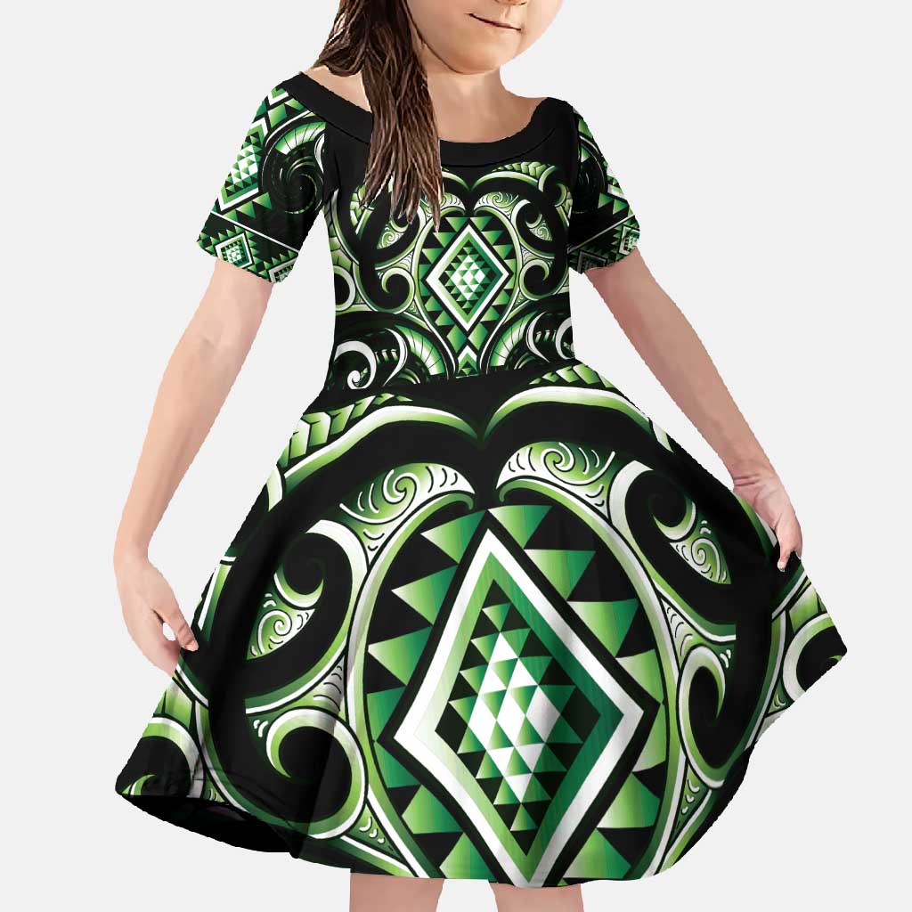 Green Ngaru Taniko With Aotearoa Maori Tattoo Family Matching Short Sleeve Bodycon Dress and Hawaiian Shirt LT14 Daughter's Dress Green - Polynesian Pride
