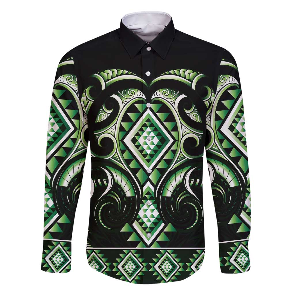 Green Ngaru Taniko With Aotearoa Maori Tattoo Family Matching Short Sleeve Bodycon Dress and Hawaiian Shirt LT14 Dad's Shirt - Long Sleeve Green - Polynesian Pride