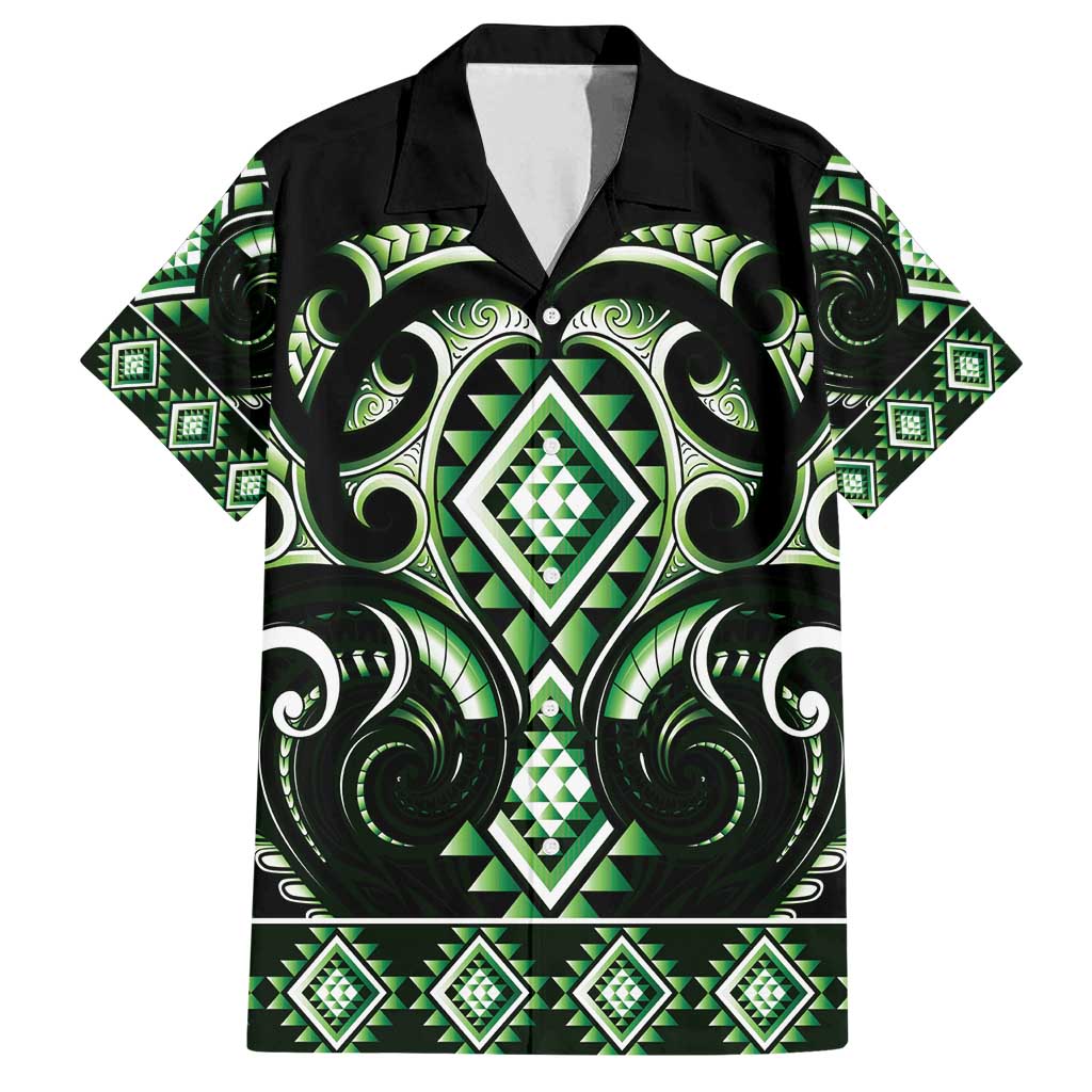 Green Ngaru Taniko With Aotearoa Maori Tattoo Family Matching Summer Maxi Dress and Hawaiian Shirt
