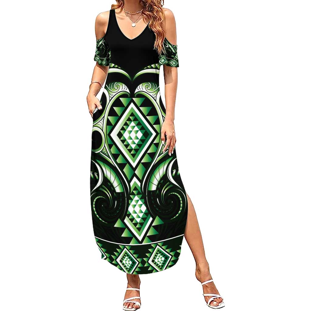 Green Ngaru Taniko With Aotearoa Maori Tattoo Family Matching Summer Maxi Dress and Hawaiian Shirt