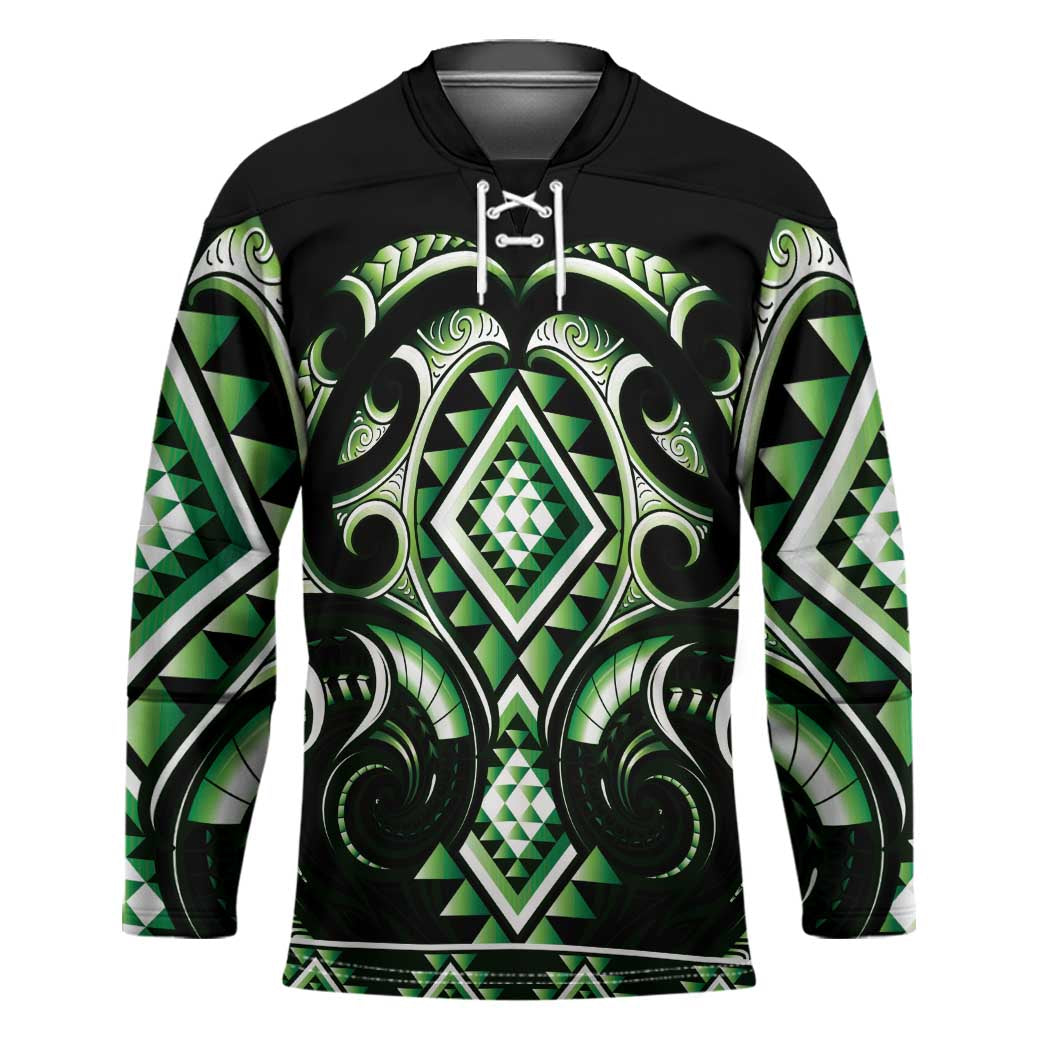 Green Ngaru Taniko With Aotearoa Maori Tattoo Hockey Jersey LT14 Unisex Green - Polynesian Pride