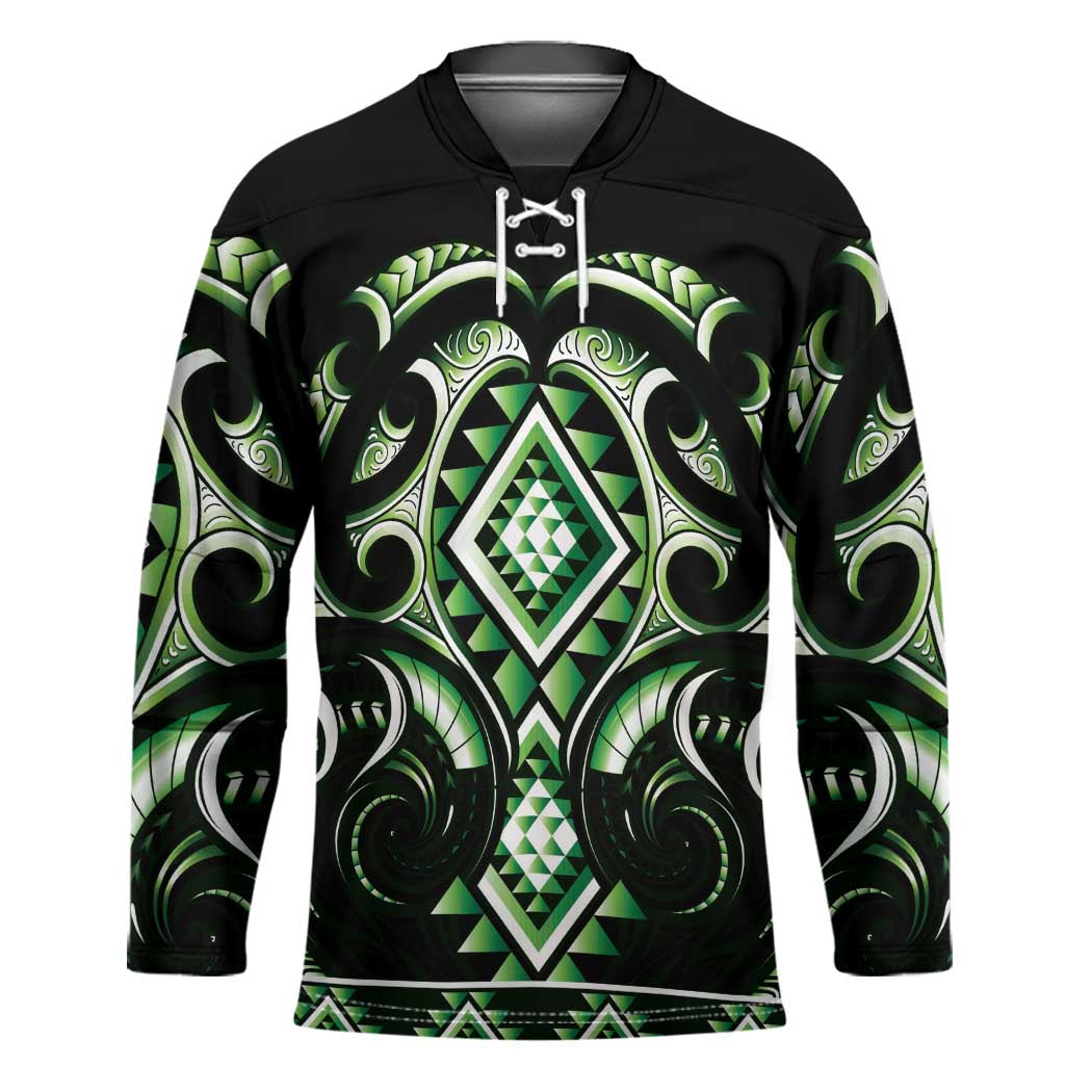 Green Ngaru Taniko With Aotearoa Maori Tattoo Hockey Jersey - Polynesian Pride