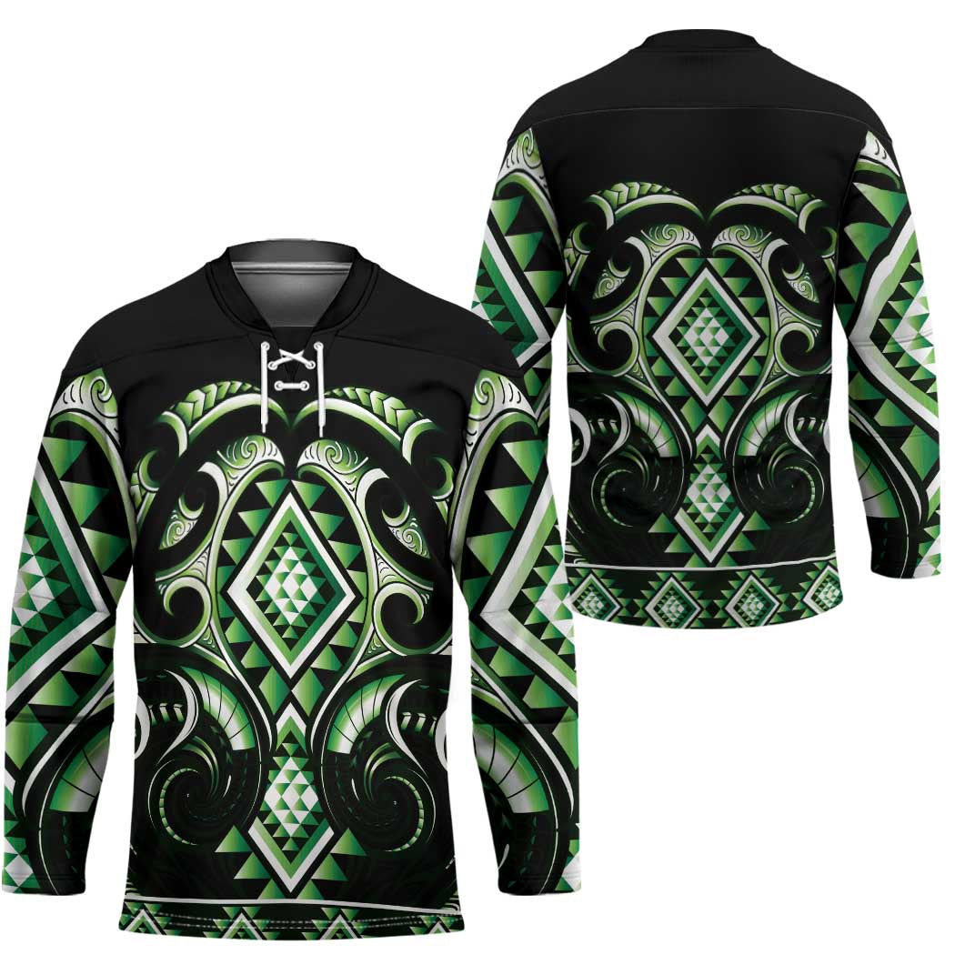 Green Ngaru Taniko With Aotearoa Maori Tattoo Hockey Jersey LT14 - Polynesian Pride