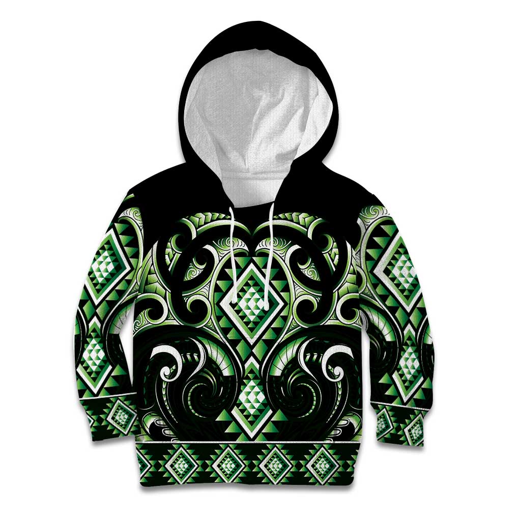 Green Ngaru Taniko With Aotearoa Maori Tattoo Kid Hoodie