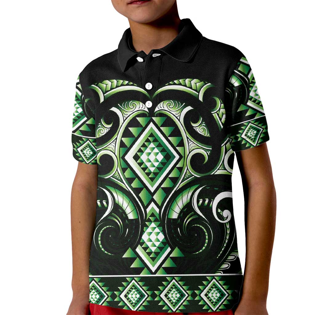 Green Ngaru Taniko With Aotearoa Maori Tattoo Kid Polo Shirt LT14 Kid Green - Polynesian Pride