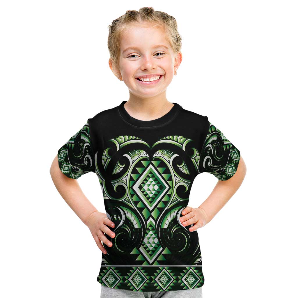 Green Ngaru Taniko With Aotearoa Maori Tattoo Kid T Shirt