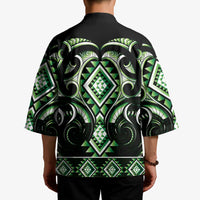 Green Ngaru Taniko With Aotearoa Maori Tattoo Kimono - Polynesian Pride