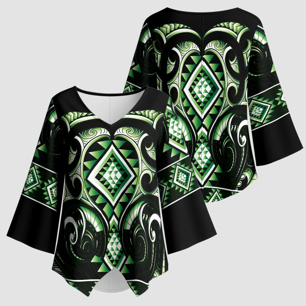 Green Ngaru Taniko With Aotearoa Maori Tattoo Kimono Sleeve Blouse - Polynesian Pride