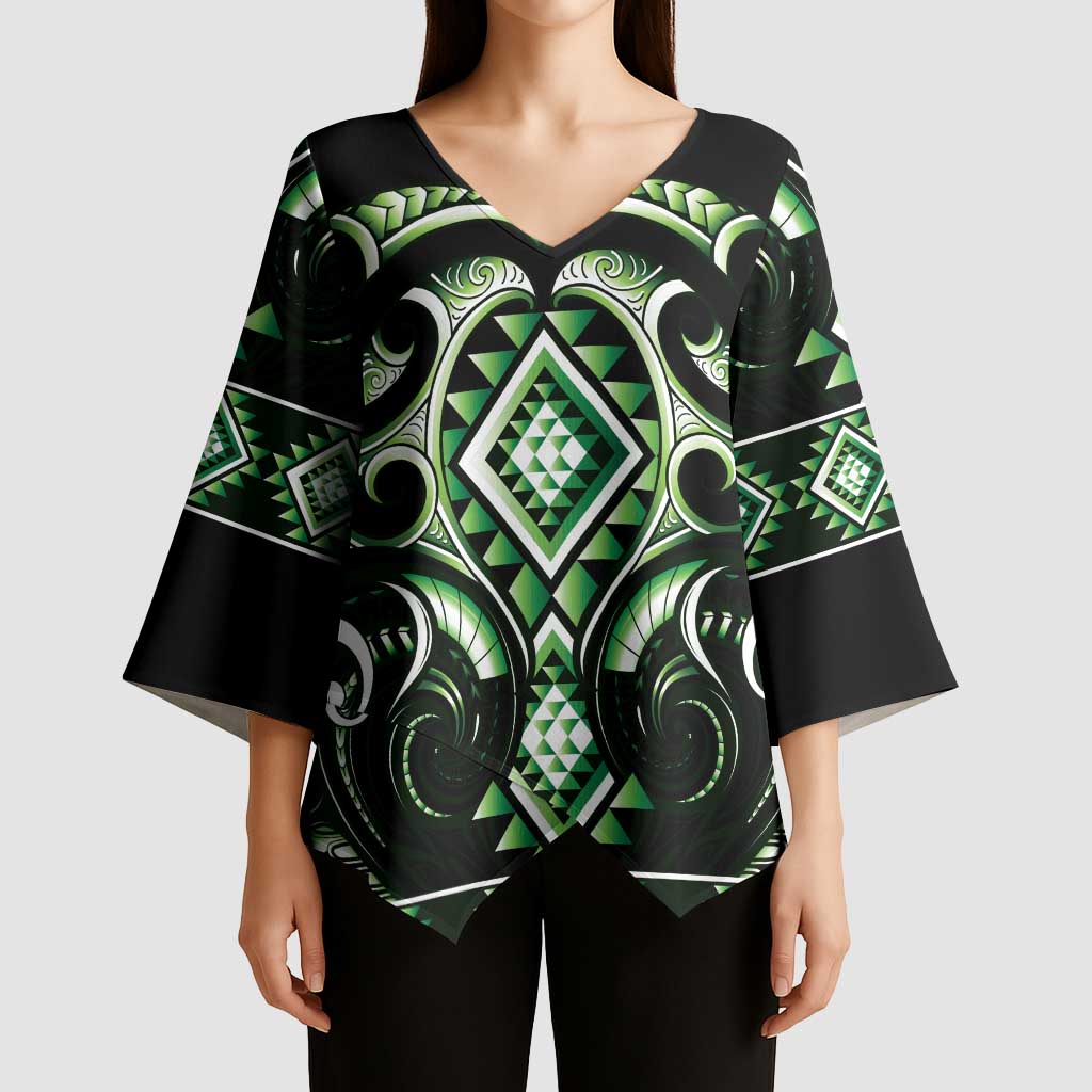 Green Ngaru Taniko With Aotearoa Maori Tattoo Kimono Sleeve Blouse - Polynesian Pride
