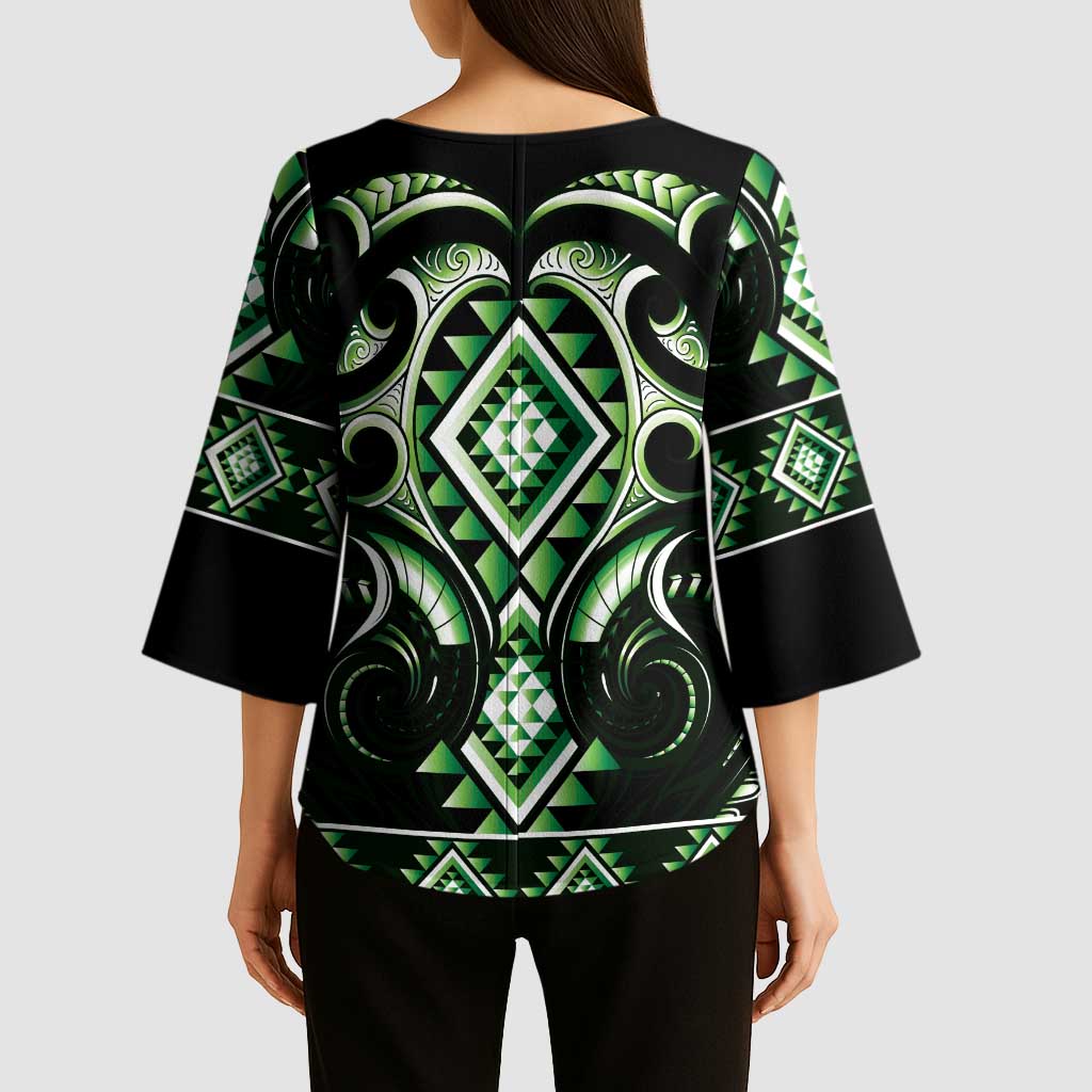 Green Ngaru Taniko With Aotearoa Maori Tattoo Kimono Sleeve Blouse - Polynesian Pride