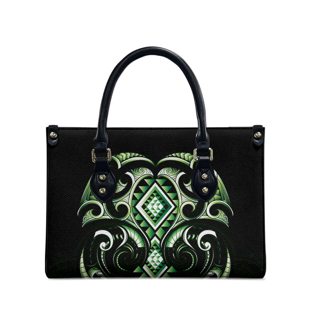 Green Ngaru Taniko With Aotearoa Maori Tattoo Leather Bag - Polynesian Pride